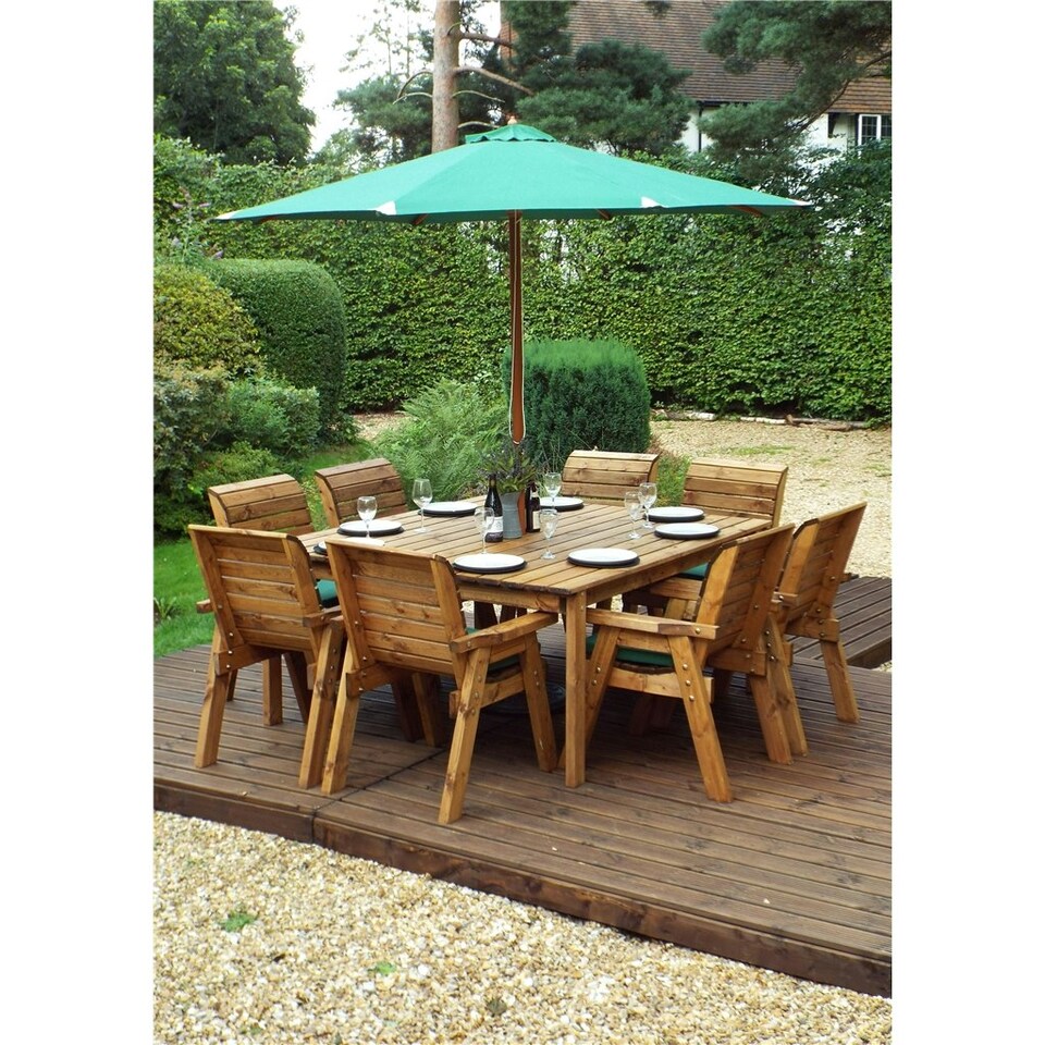 image 1 of Traditional Eight Seater Table Set with 8 x Green Chair Cushions, 1 x Green Parasol & Base & 1 x Cushion Storage Bag