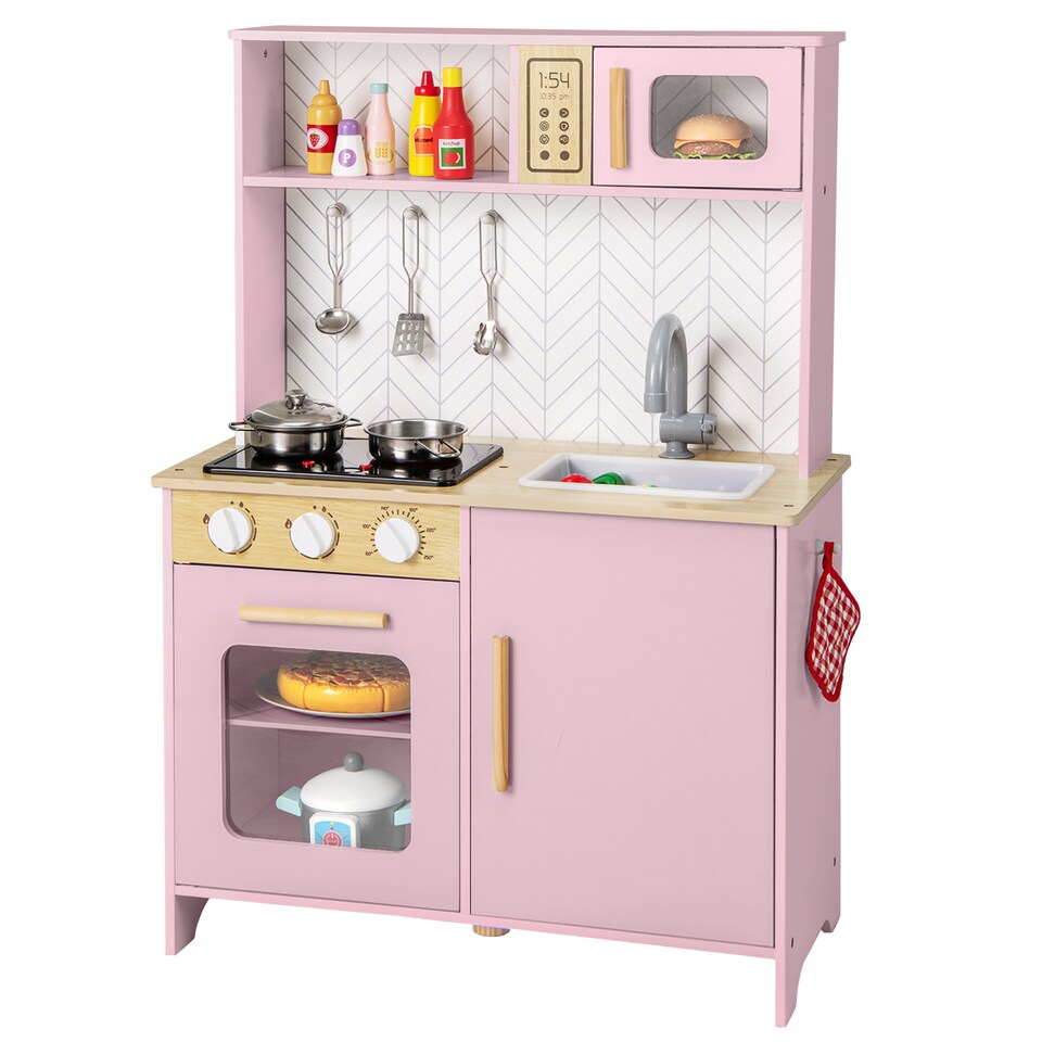 image 1 of COSTWAY Kids Kitchen Playset Pretend Play Kitchen Set with Sounds-Pink