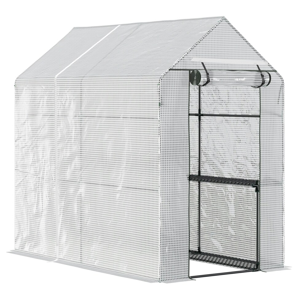 image 1 of Outsunny Walk in Greenhouse w/Shelves Steeple Grow House White