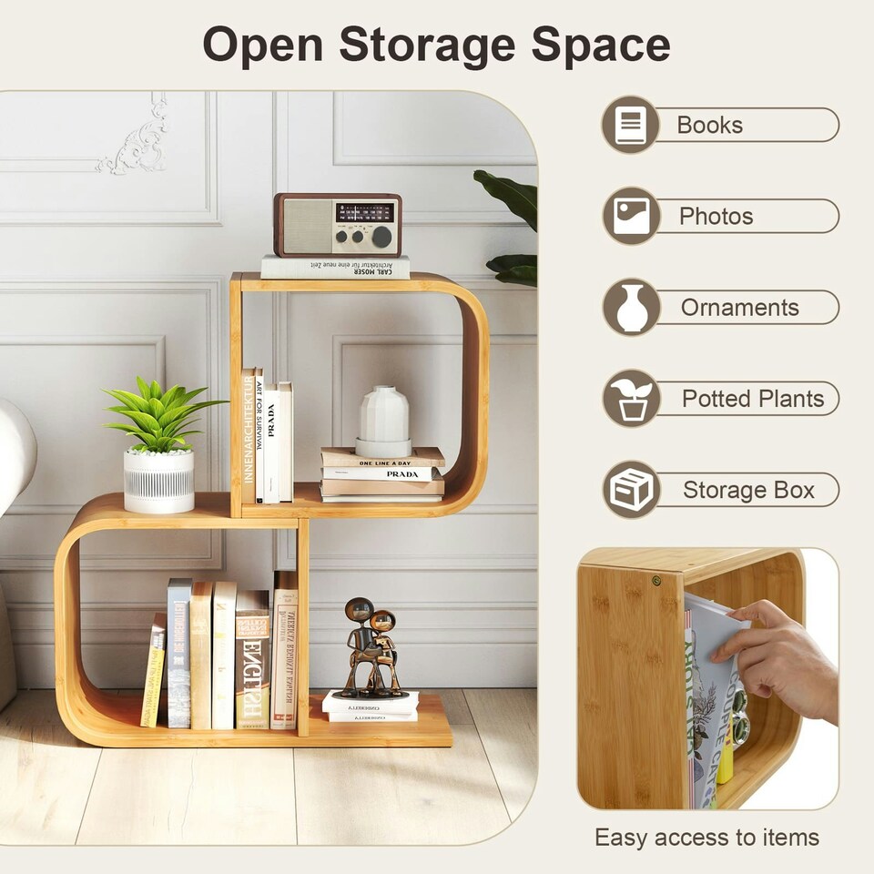 image 1 of COSTWAY 2-Tier S-Shaped Bookcase Bamboo Bookshelf Brown
