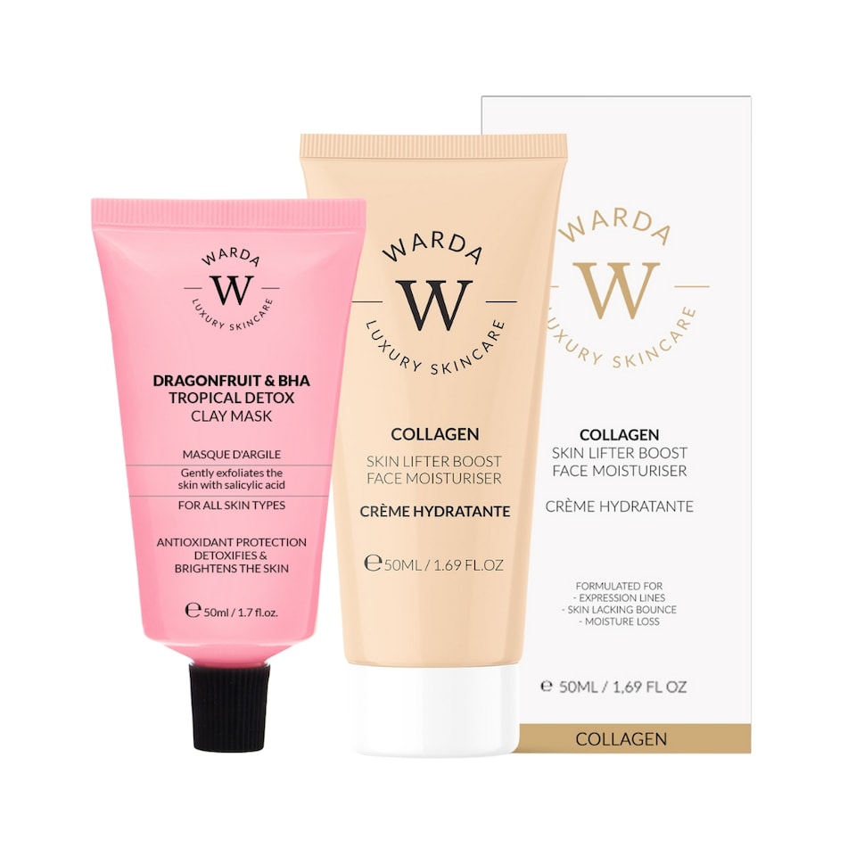 image 1 of Warda Luxury Skincare Skin Lifter Boost Collagen Moisturiser 50ml + Dragonfruit & BHA Tropical Detox Clay Mask 50ml