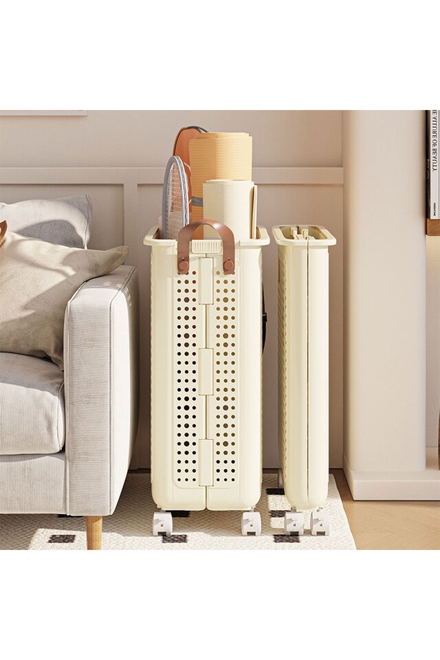 image 1 of Living and Home Foldable Laundry Basket with Wheels, M | Cream | M