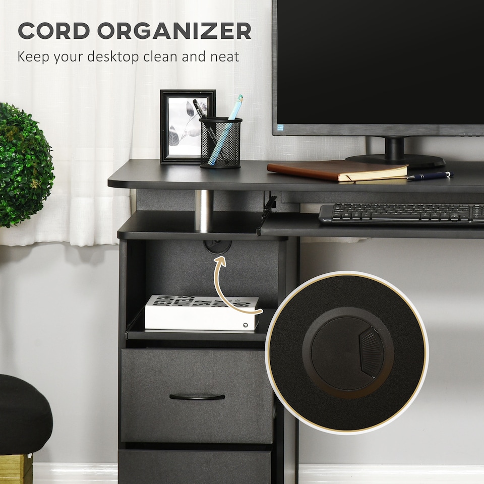 image 1 of HOMCOM Computer Desk Office PC Table Workstation with Keyboard Tray, CPU Shelf, Drawers, Sliding Scanner Shelf, Black