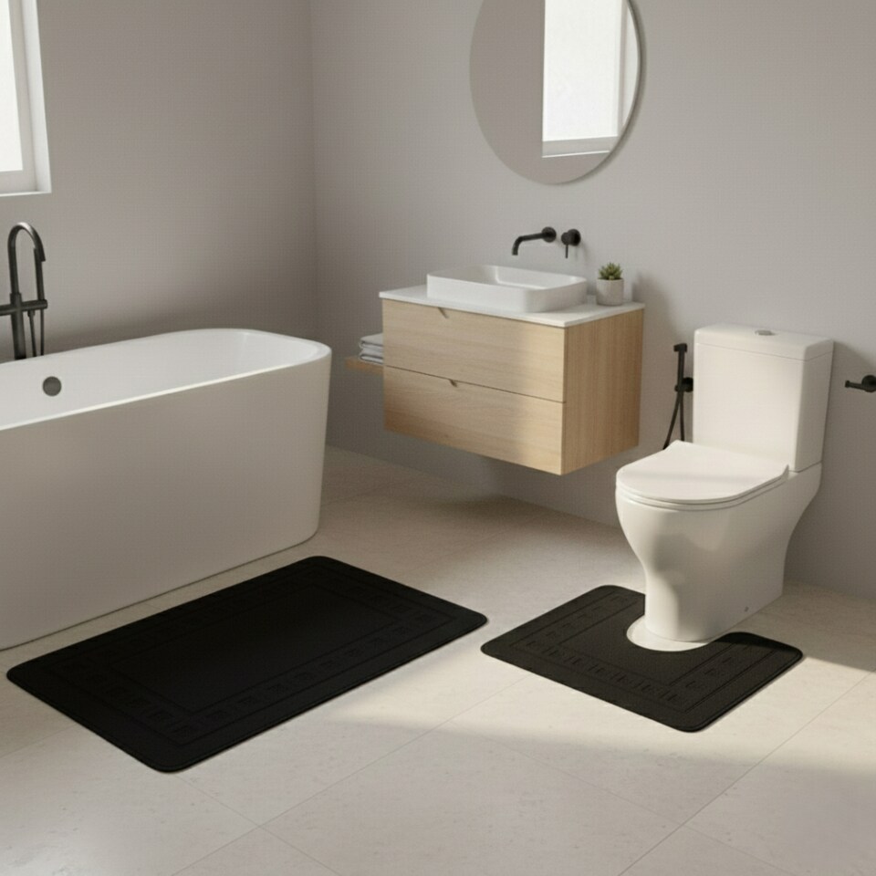 image 1 of 2 Piece Box Design Bath Mat Set Soft Absorbent Non-Slip Bathroom Mats | Black