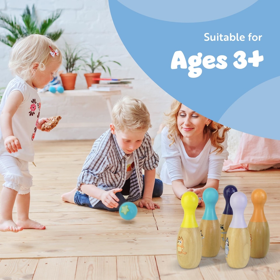 image 1 of Bluey Wooden Skittles Set 7 Piece Indoor and Outdoor Bowling Game for Kids