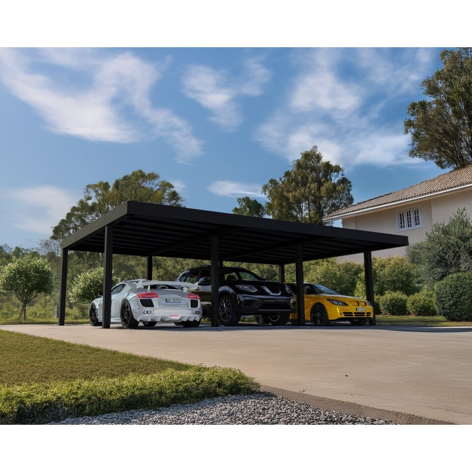 image 1 of Oslo 20 x 30 Feet Carport Kit - Black Structure Grey polycarbonate Panels - L901 x W596.5 x H240.5 cm