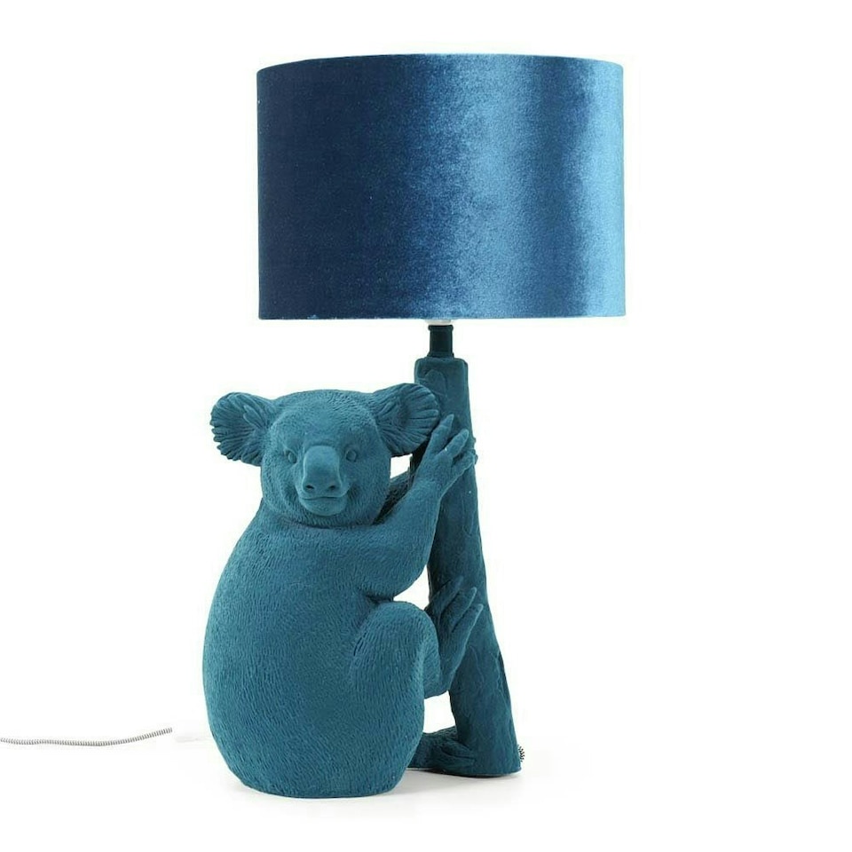 image 1 of ValueLights Teal Velvet Koala Bedside Table Lamp with a Drum Lampshade Animal Light - Bulb Included