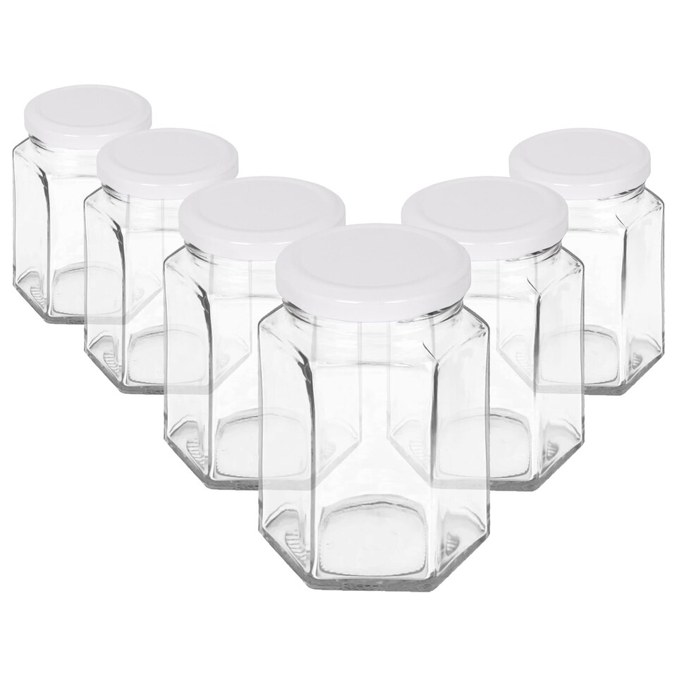 image 1 of Argon Tableware Hexagonal Glass Jam Jars with White Lids - 250ml - Pack of 6