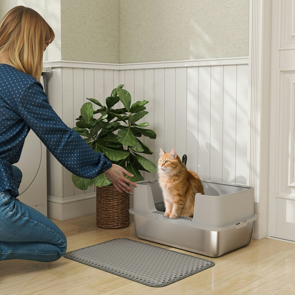 image 1 of PawHut Stainless Steel Litter Box with Scoop, High Sided Cat Litter Tray Grey | One Size