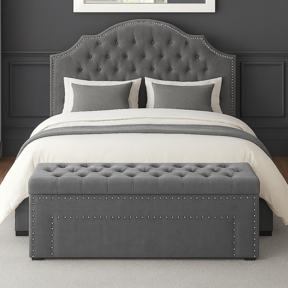 image 1 of 90cm Duke Ottoman Storage Box -Upholstered Blanket Box - Grey Plush Velvet Multifunctional Storage Box