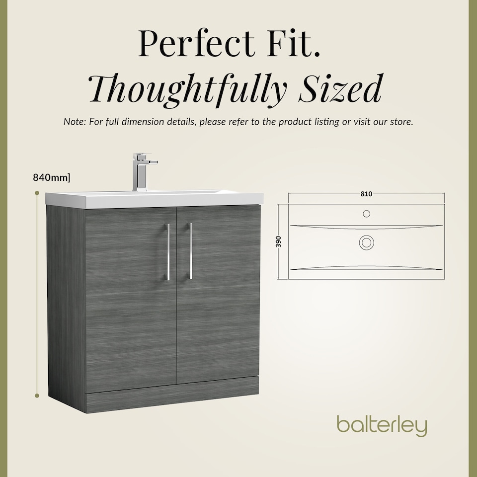 image 1 of Balterley Contemporary Bathroom Floor Standing 2 Soft-Close Door Vanity Unit & Mid-Edge Ceramic Basin | Grey | Anthracite Woodgrain