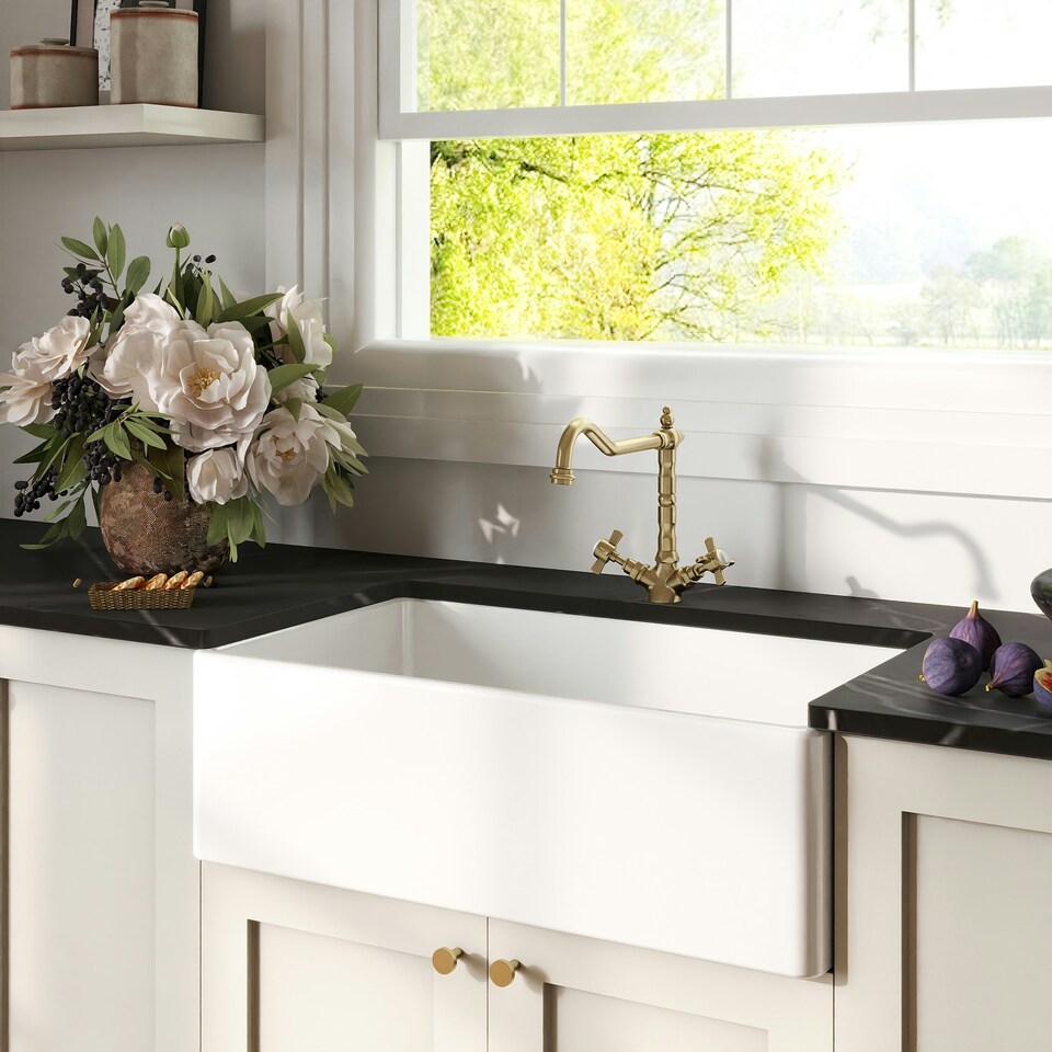 image 1 of Fireclay Kitchen Bundle - Single Bowl Belfast Sink, Strainer Waste & French Classic Tap, 795mm - Brushed Brass - Balterley
