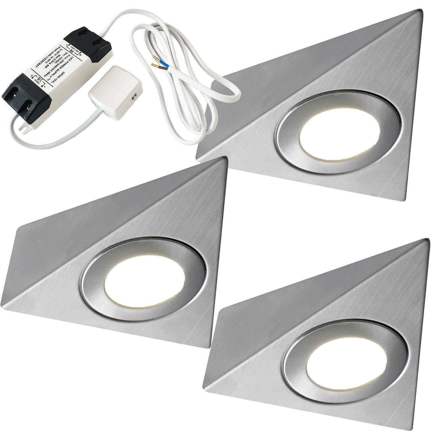 Loops 3x BRUSHED NICKEL Pyramid Surface Under Cabinet Kitchen Light & Driver Kit - Warm White LED in Metallics