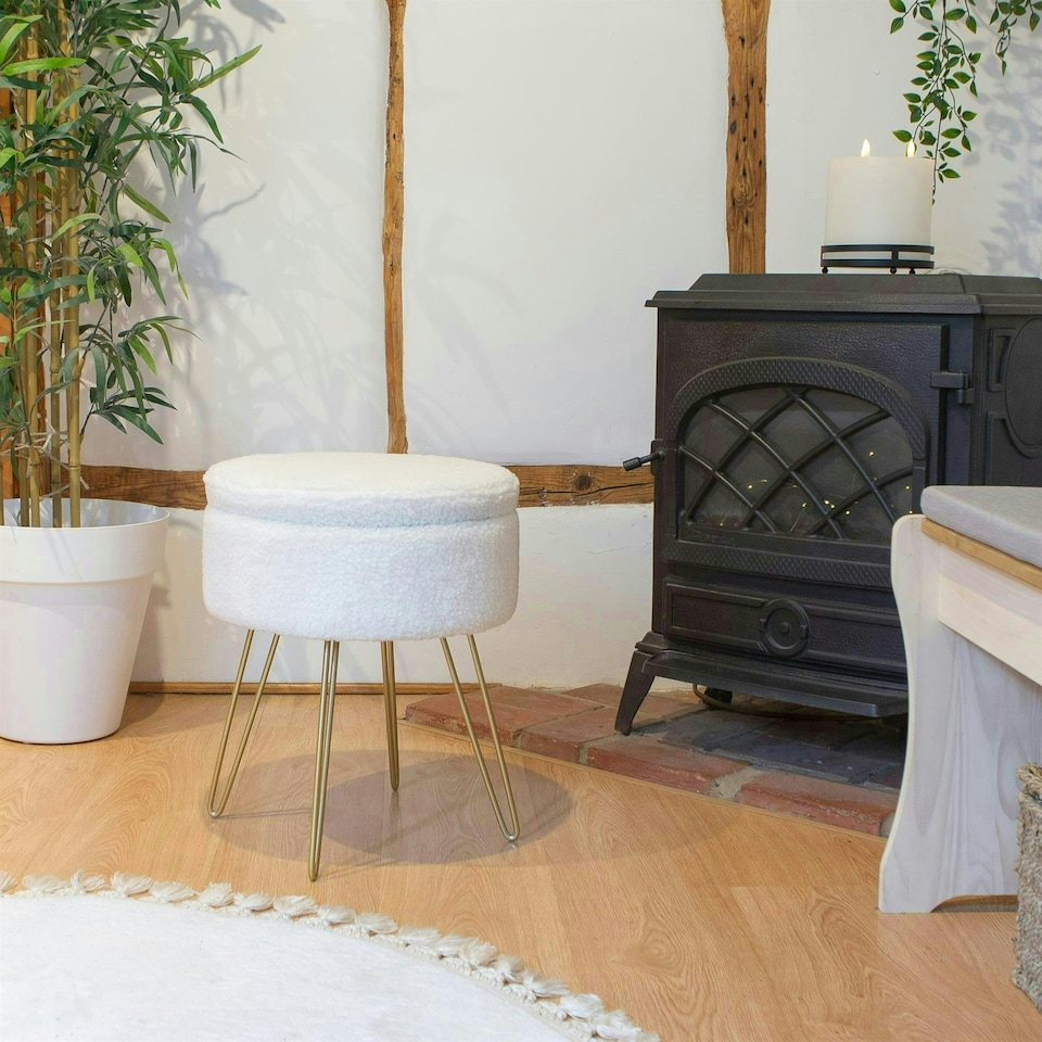 image 1 of Harbour Housewares Cream Boucle Storage Footstool Round Ottoman With Gold Base H46 x D37cm Warm Storage Neutral Statement Yellow