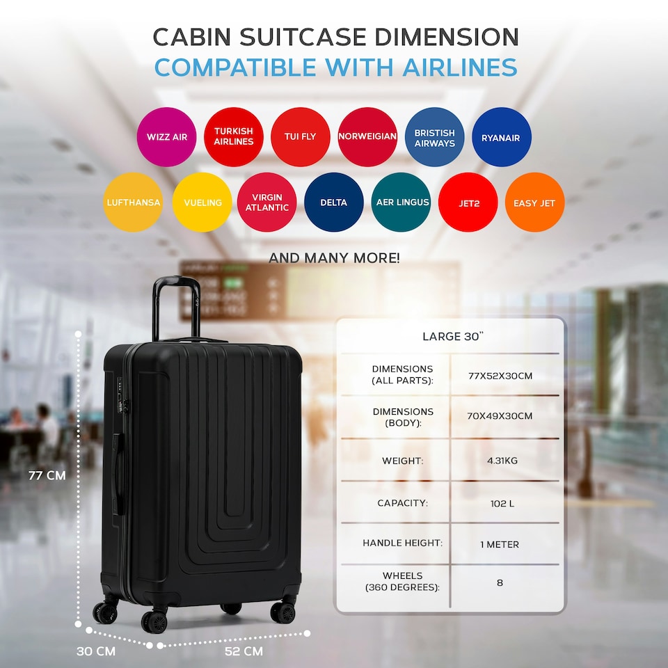 image 1 of Flight Knight Premium Lightweight Suitcase - Built-in Side Lock - 8 Spinner Wheels - ABS Hard Shell Carry On Or Check in Luggage - 100 Airlines Approved Black | Black | Large