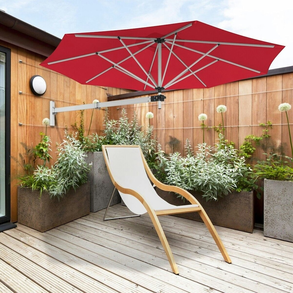 image 1 of COSTWAY Garden Wall Mounted Cantilever Parasol Tilting Umbrella Red