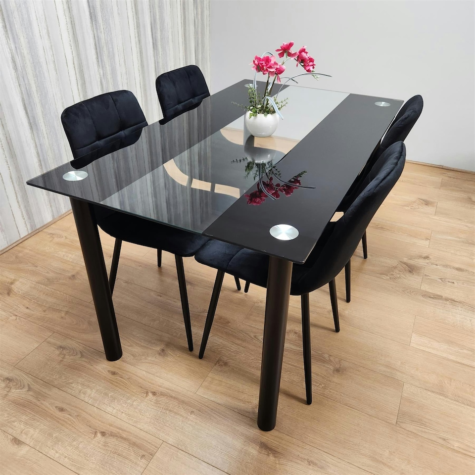 image 1 of Black Glass Dining Table Set With 4 Black Chairs For Dining Room And Kitchen Furniture | Black | One Size | 5