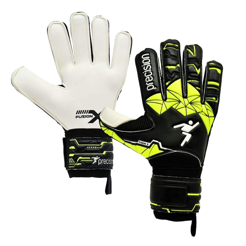 image 1 of Precision Childrens/Kids Fusion X Flat Cut Finger Protect Goalkeeper Gloves - White/Black/Neon Green - 7