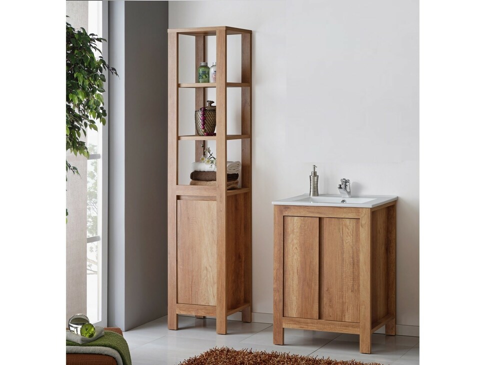 image 1 of Freestanding Bathroom Cabinets Furniture Set 600mm Vanity Unit with Basin Tall Shelf Storage Cabinet Oak Effect Classic