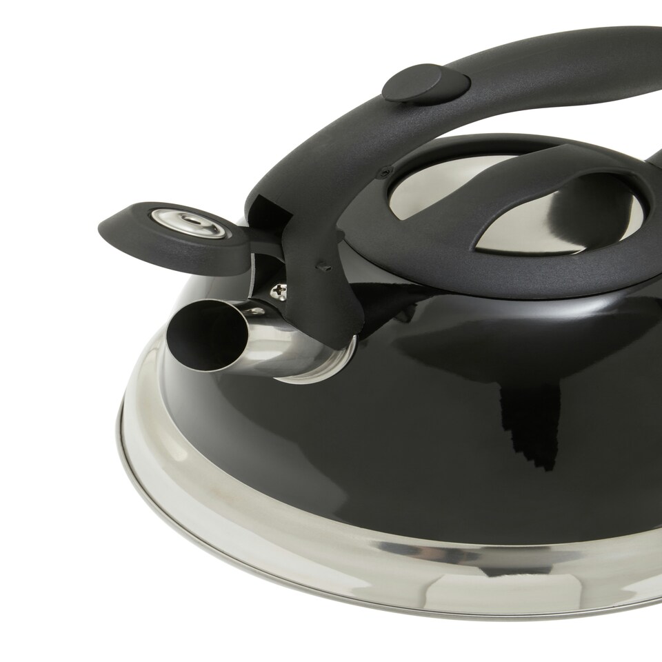 image 1 of Interiors by Premier Black 3000ml Whistling Kettle, Sleek Stainless Steel Stovetop Kettle With Whistle & Soft Touch Handle,