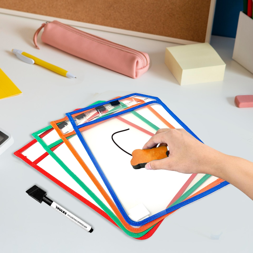 image 1 of Pack of 4 Assorted Coloured Edge Clear Dry Erase Write and Wipe Reusable Sleeve Pockets