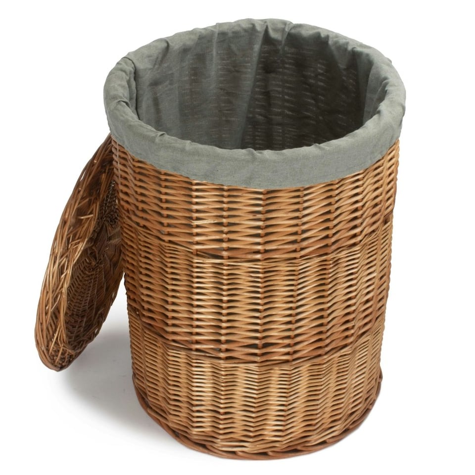 image 1 of Small Light Steamed Wicker Round Linen Basket with Grey Sage Lining Grey | Grey