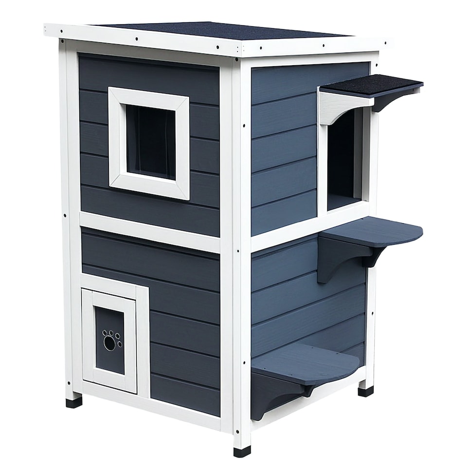 image 1 of PawHut Wood 2-Floor Cat Condo Pet House Kitten Shelter with Window - Gray