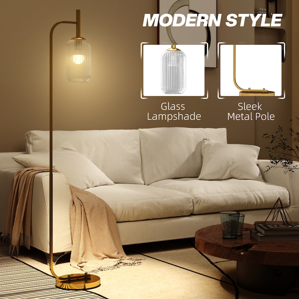 image 1 of HOMCOM Floor Lamp for Living Room with Glass Lampshade, Modern Standing Lamp with Foot Switch for Bedroom, Bulb not Included, Gold Tone