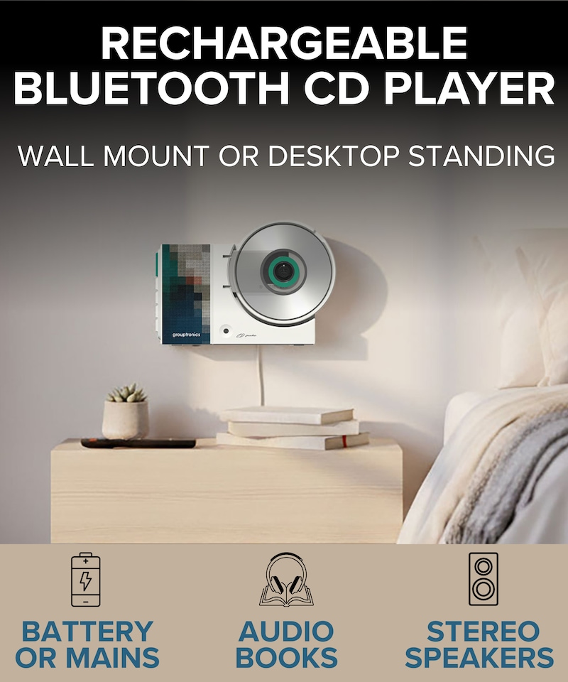 image 1 of Grouptronics GTMC-20 Portable CD Player with Bluetooth and Speakers | Small Rechargeable CD Player for Home, Kids or Elderly | Personal CD Music Player Boombox, CD Walkman