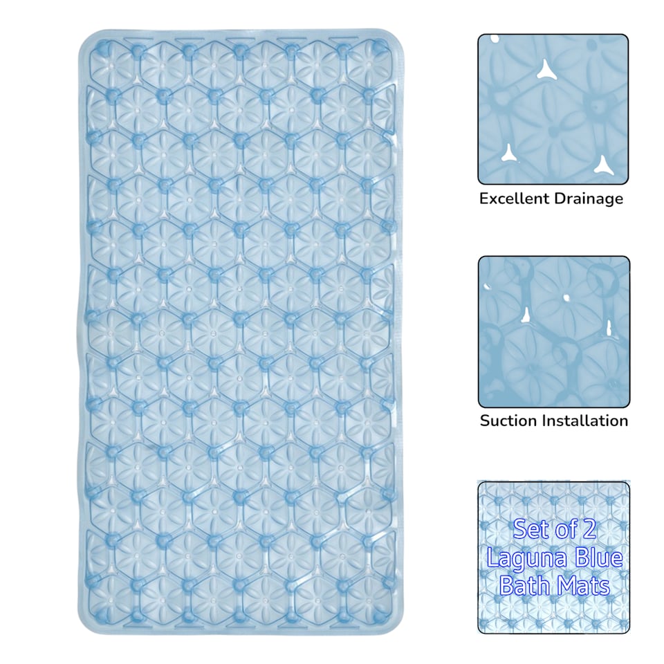 image 1 of Laguna Anti Slip Blue PVC Bath Mat 68cm x 37cm - 2 Set | Blue | Blue | 2