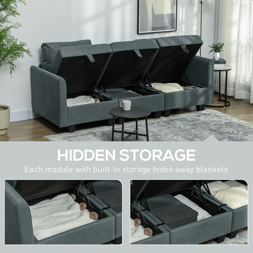 image 1 of HOMCOM Modular Sectional Sofa with Storage 2 Seater Sofa Set Dark Grey Grey