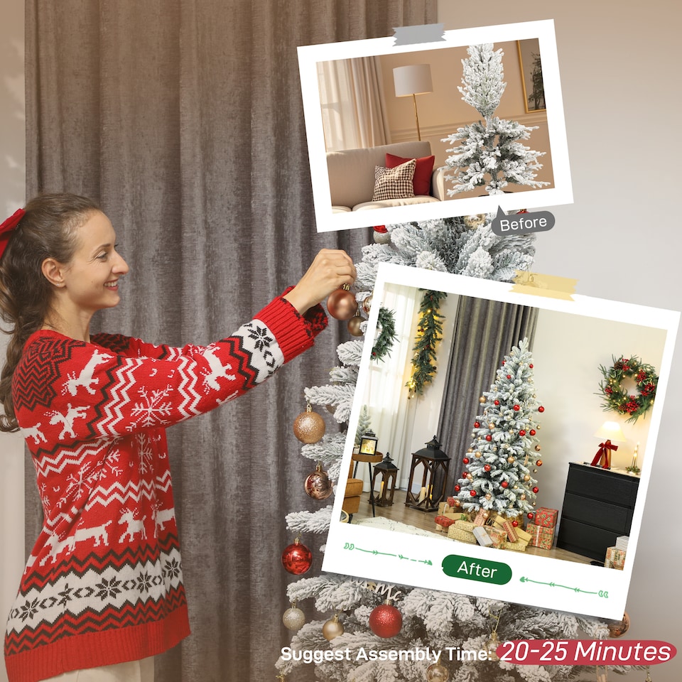 image 1 of HOMCOM 6ft Flocked Christmas Tree, Hinged Pencil Christmas Tree with Realistic Branches, Easy Assembly, Slim Shape, Artificial Xmas Home Decoration, Green White | Green