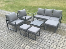 Fimous Aluminium Outdoor Lounge Sofa Set Garden Furniture Sets with Square Coffee Table 2 Chairs 3 Footstools Dark Grey 8 Seater