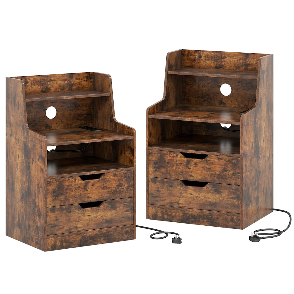 image 1 of COSTWAY LED Nightstand with Charging Station 2 Drawer Bedside Table Brown