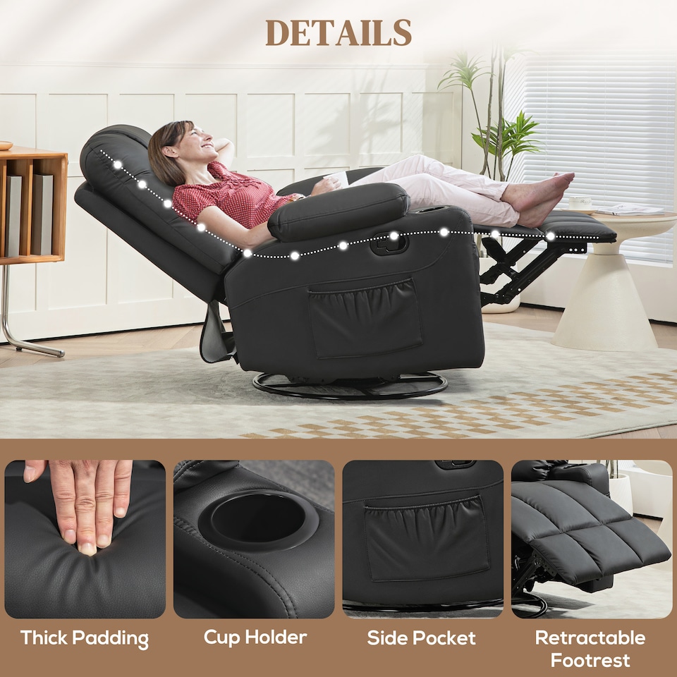 image 1 of HOMCOM Recliner Armchair, Swivel PU Leather Manual Reclining Chair with Adjustable Leg Rest, Drink Holders, Side Pockets, Rocker Chair for Home Living Room, Black