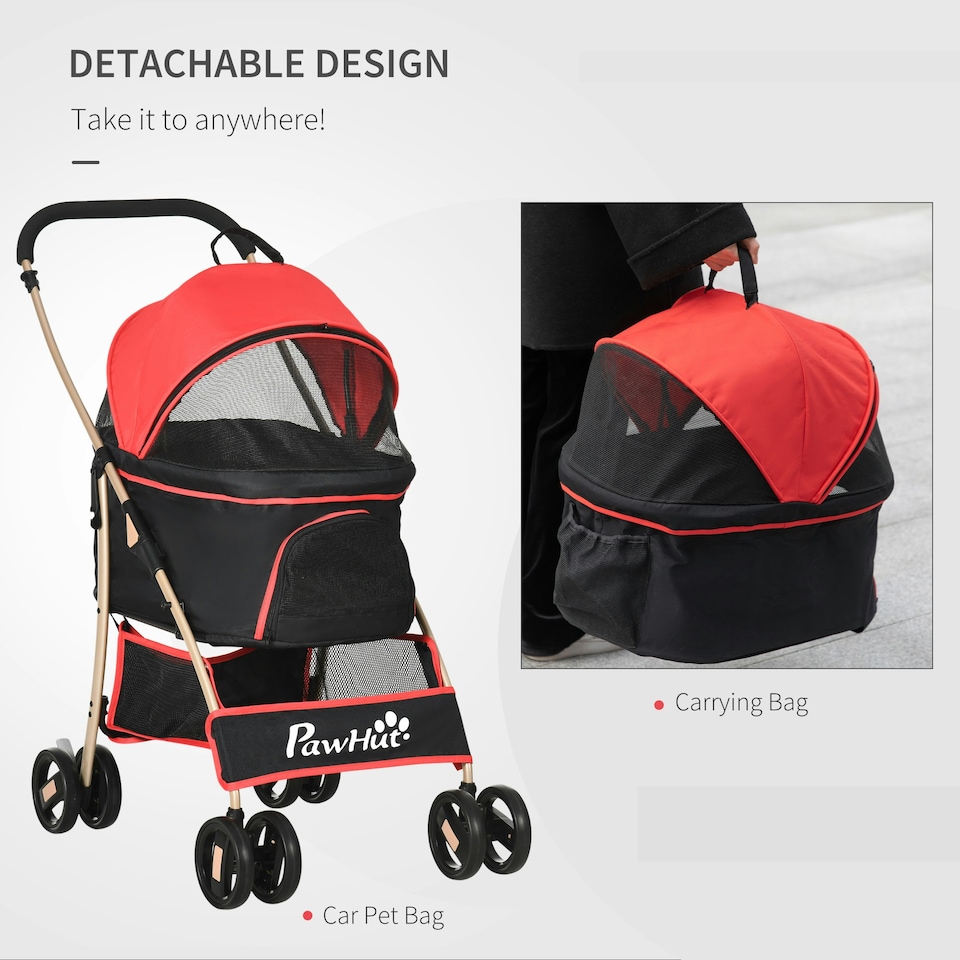 image 1 of PawHut 3 In 1 Pet Stroller, Detachable Dog Cat Travel Carriage - Red
