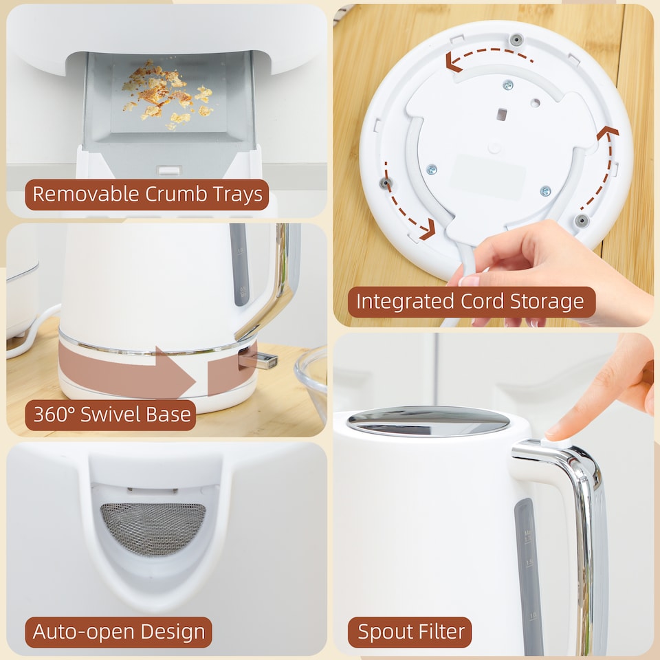 image 1 of HOMCOM Kettle and Toaster Set, 1.7L 3000W Fast Boil Kettle & 2 Slice Toaster Kitchen Set with 6 Level Browning Controls, Defrost, Reheat, White