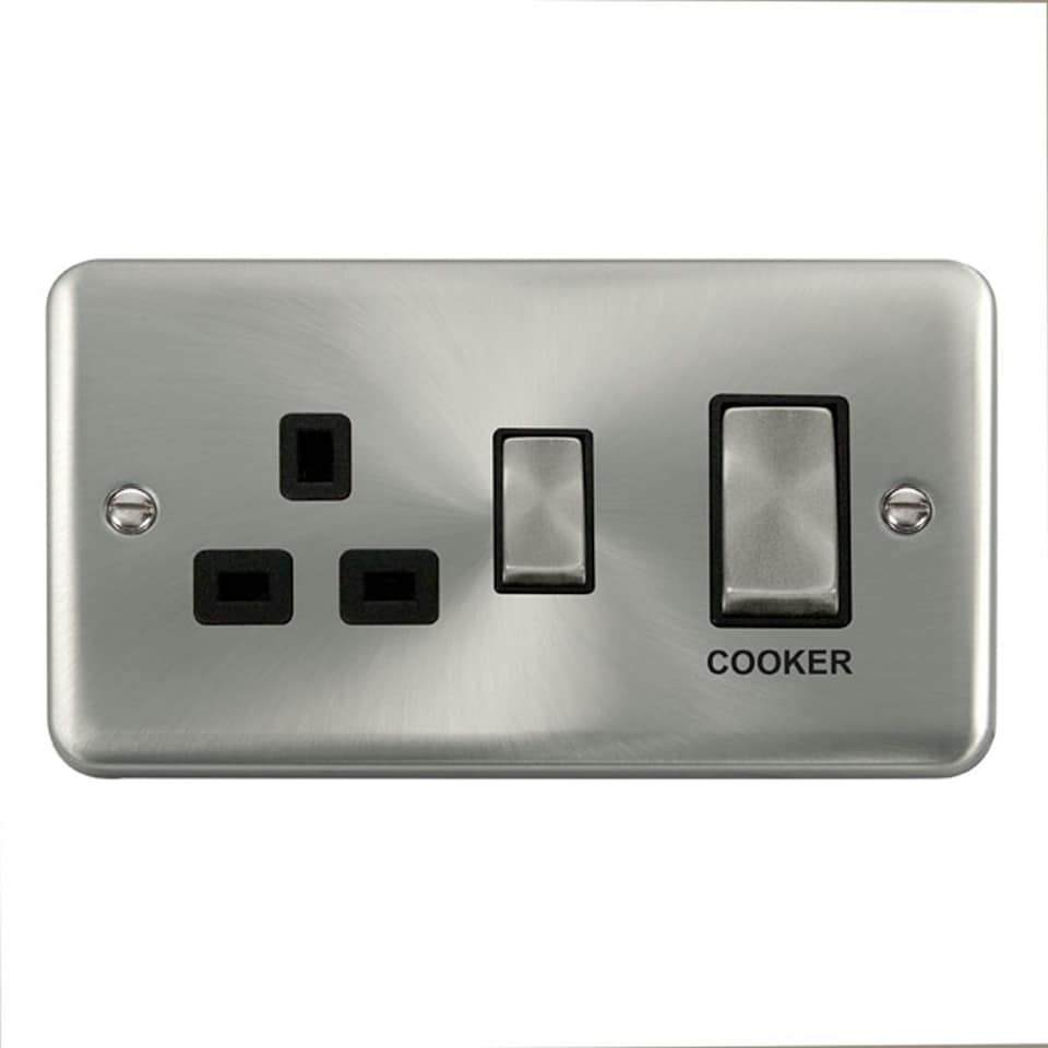 SE HOME Curved Satin Chrome Cooker Control Ingot 45A With 13A Switched Plug Socket Black | Satin Chrome