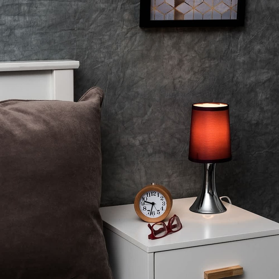 image 1 of ValueLights Small Trumpet Touch Table Lamp Chrome Purple Shade & Bulb