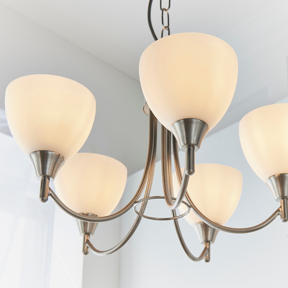 image 1 of Alton 5 Light Multi Arm Ceiling Pendant Satin Chrome, Matt Opal Glass, E14