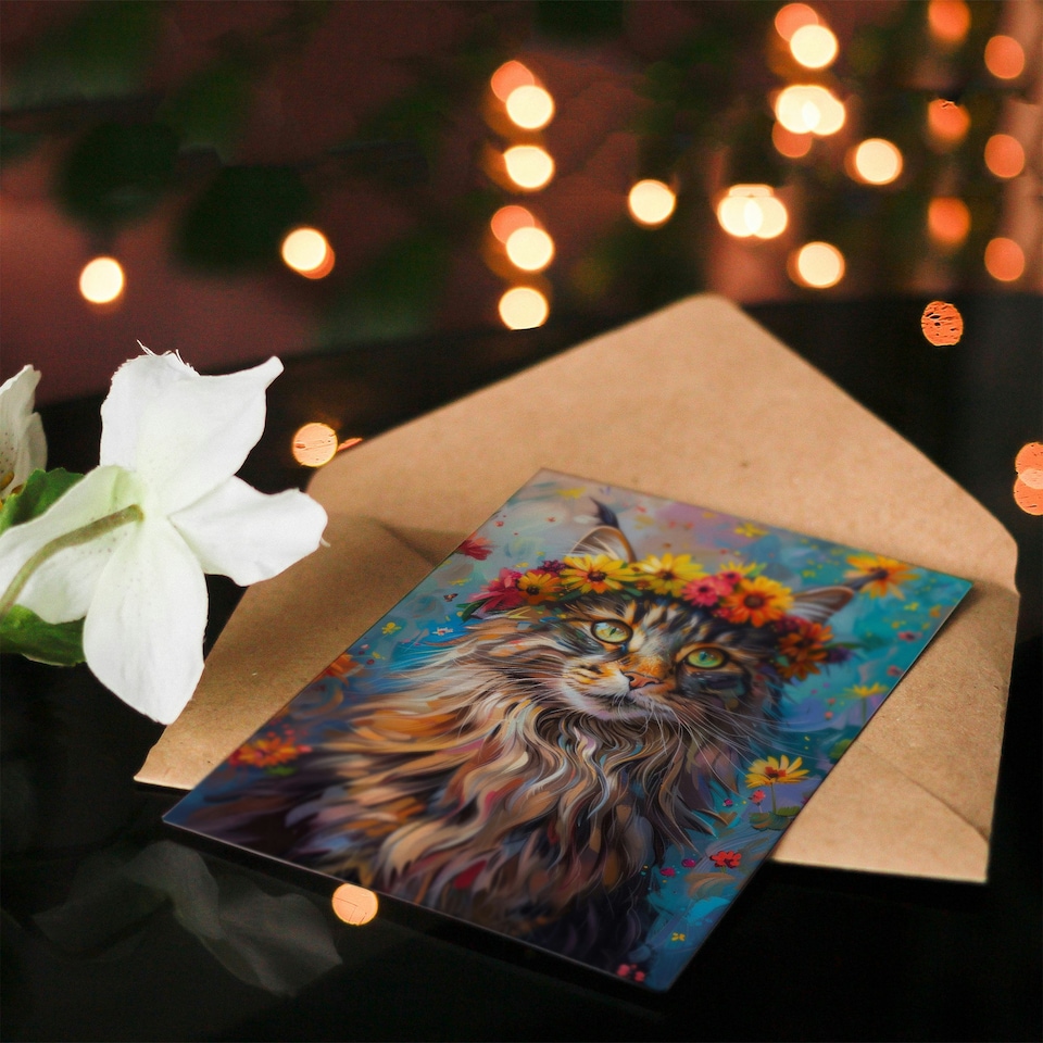 image 1 of Cat Lover Maine Coon Flower Crown Woman Her Birthday Card