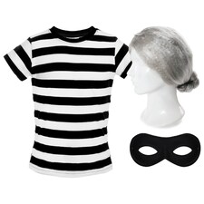 Grandma Burglar Costume - Short Sleeve Top, Grey Bun Wig & Mask Black | 2XL