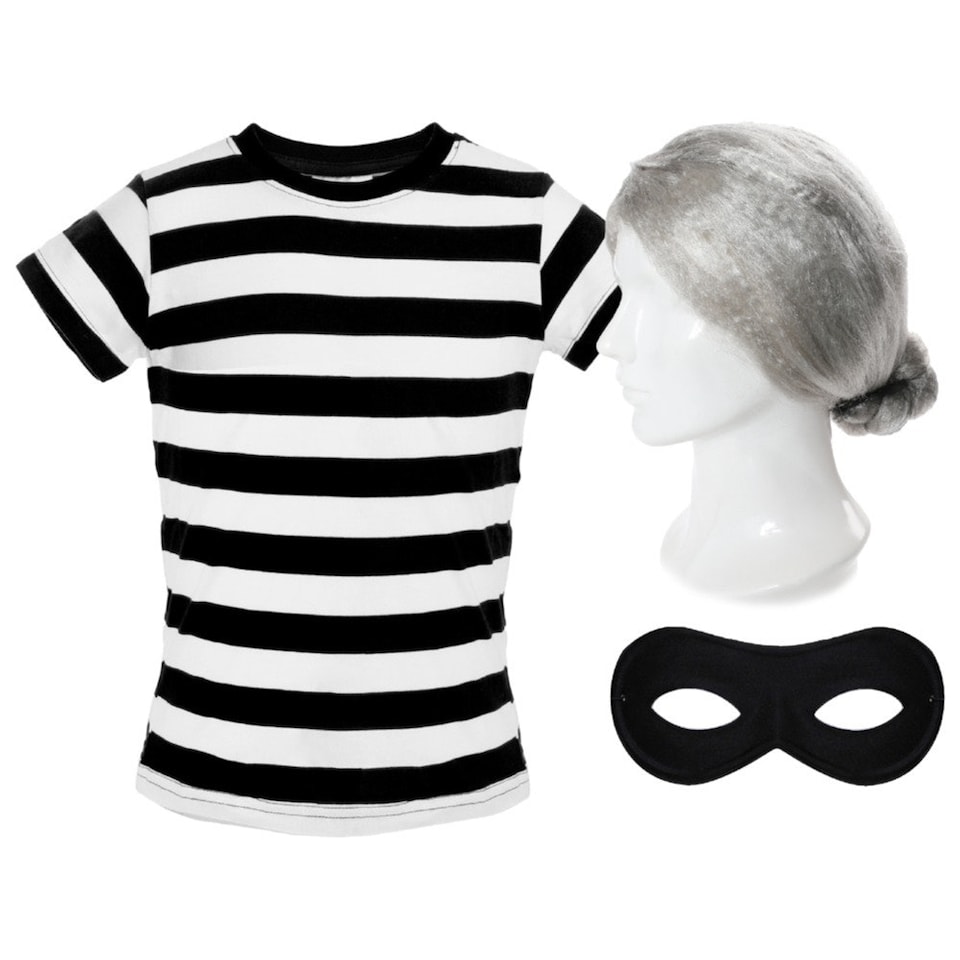 image 1 of Grandma Burglar Costume - Short Sleeve Top, Grey Bun Wig & Mask Black | 2XL