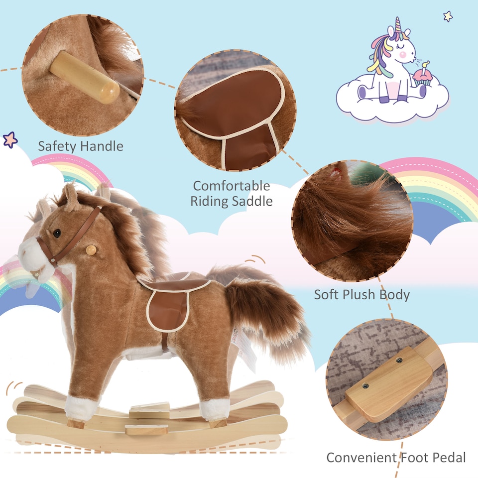 image 1 of HOMCOM Kids Plush Rocking Horse with Sound Moving Mouth Wagging Tail Children Rocker Ride On Toy Gift 3-6 Years Brown