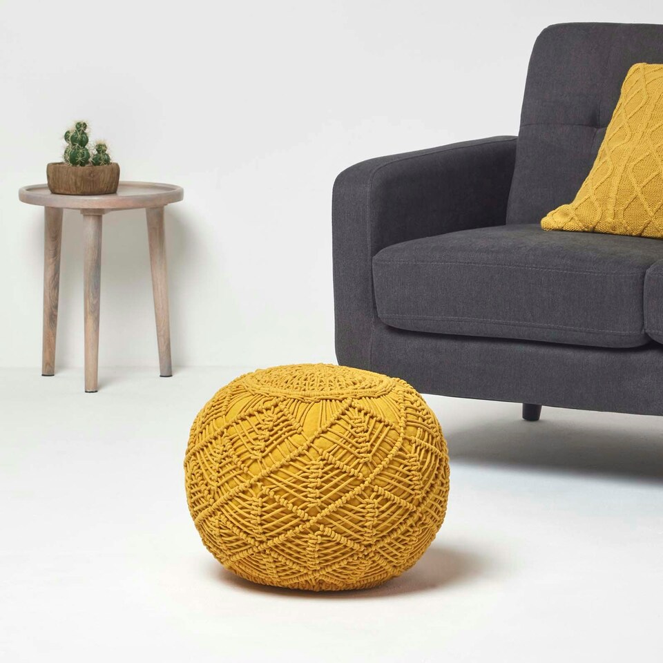 image 1 of Homescapes Mustard Macrame Knitted Pouffe - 40 x 50 cm