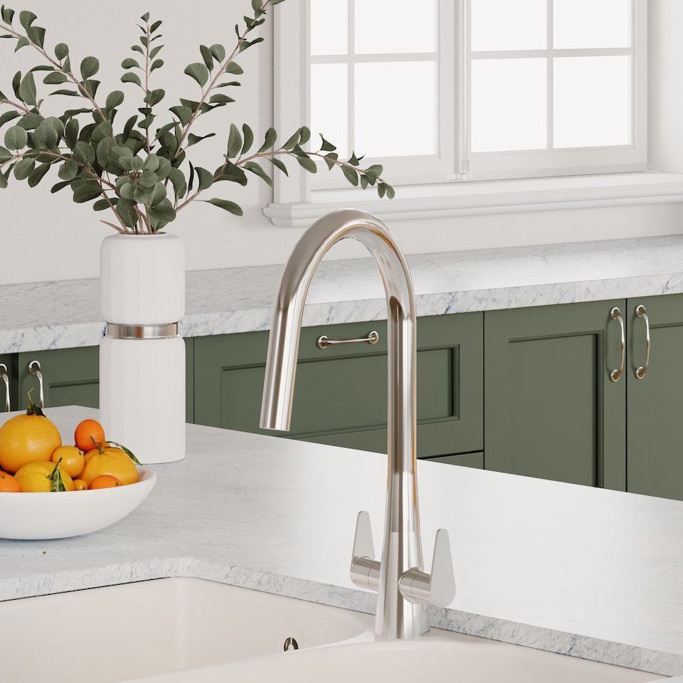 image 1 of Balterley Situla Kitchen Mono Mixer Tap with Dual Lever Handles, Curved Swivel Spout | Silver | Chrome | 1