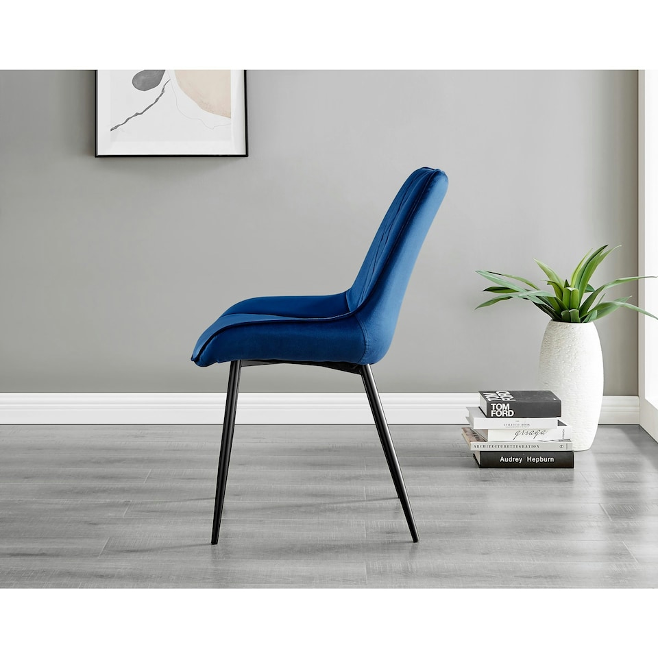 image 1 of Furniturebox 2x Pesaro Navy Velvet Black Leg Luxury Dining Chairs
