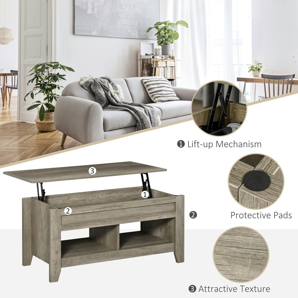 image 1 of HOMCOM Lift Top Coffee Table w/ Hidden Storage Compartment & Shelves Oak Yellow