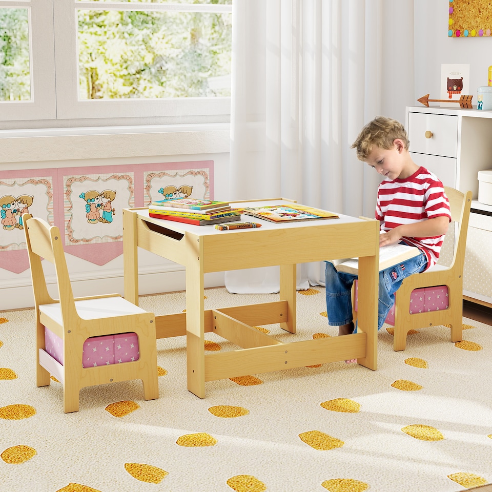 image 1 of COSTWAY Kids Multifunctional Table and 2 Chairs Set Pink