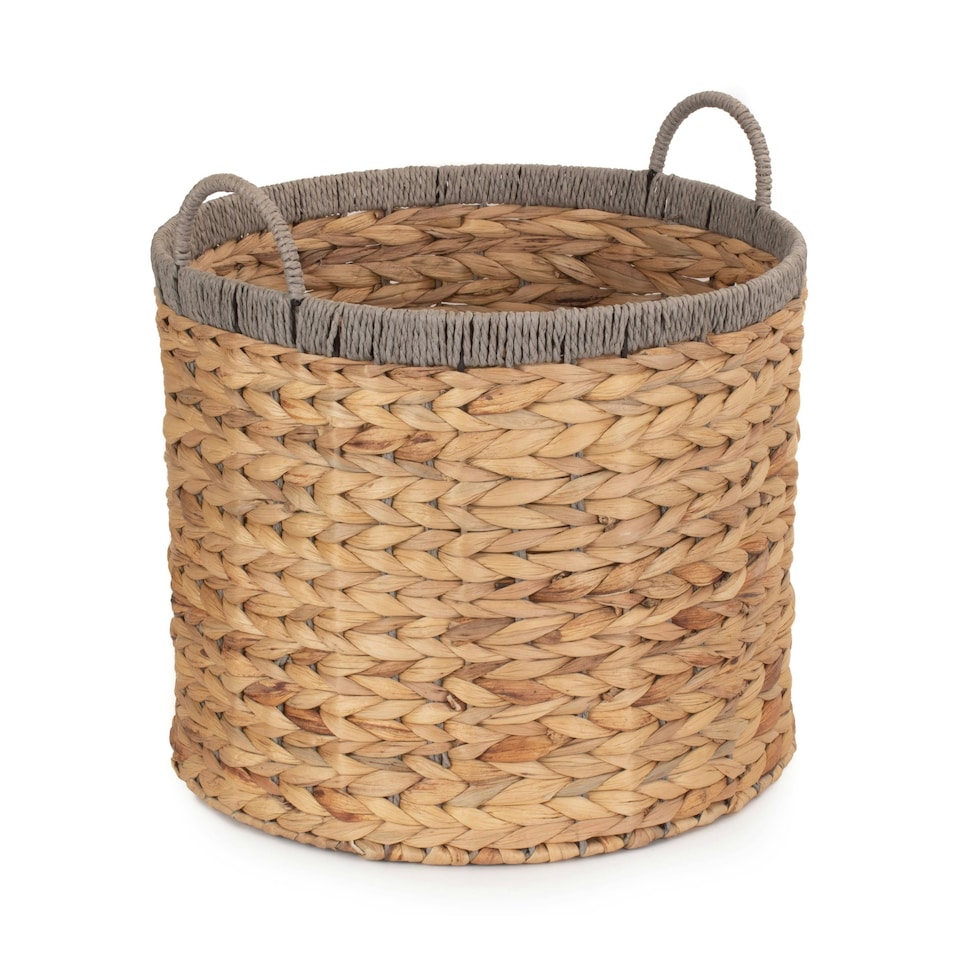 image 1 of Round Water Hyacinth Basket with Grey Rope Border Brown | Brown | L